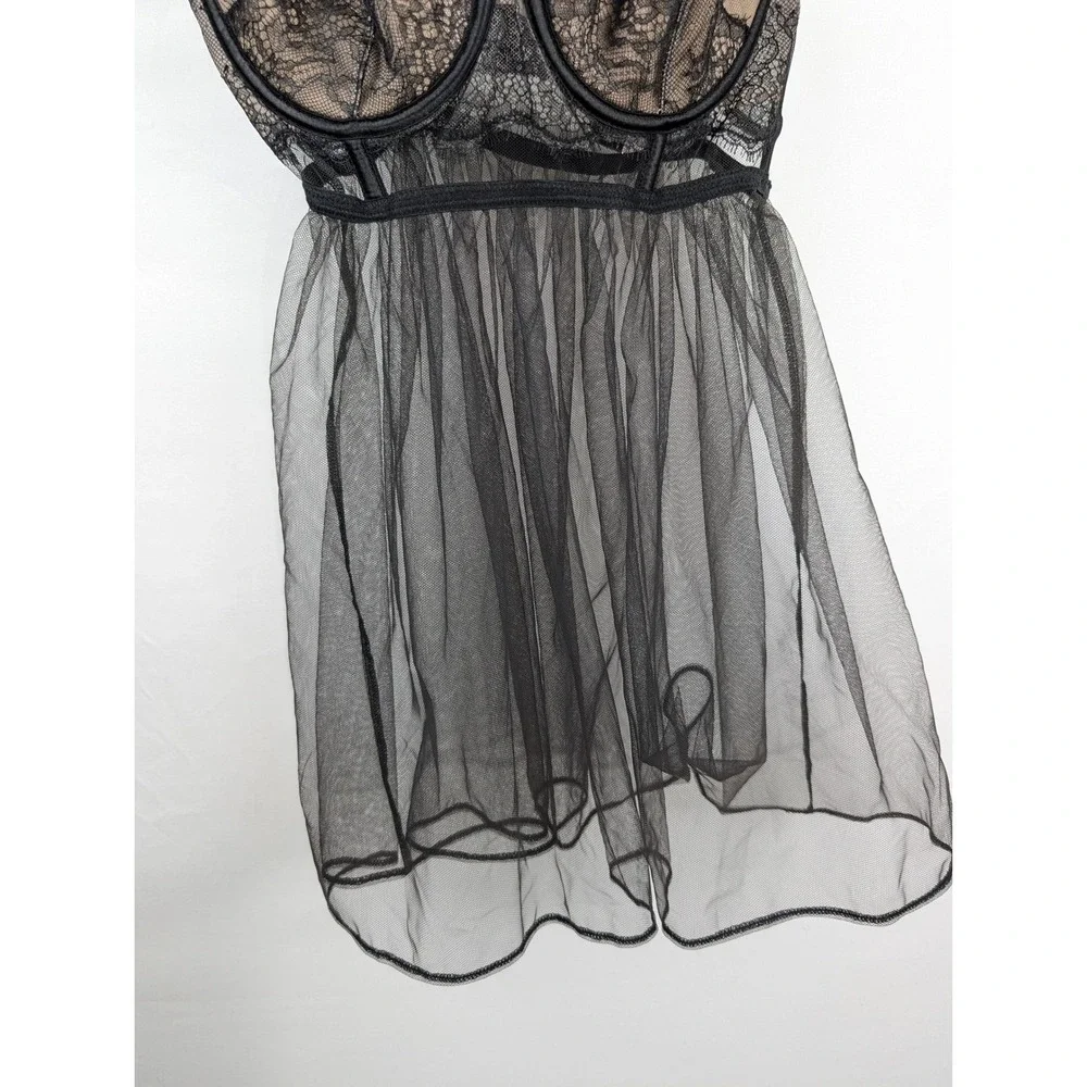 Victorias Secret Floral Lace Sheer Mesh Babydoll Lingerie Sz 34C Black Underwire